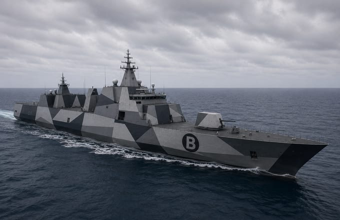 Naval vessel in geometric dazzle camouflage, Bowire mark on the hull