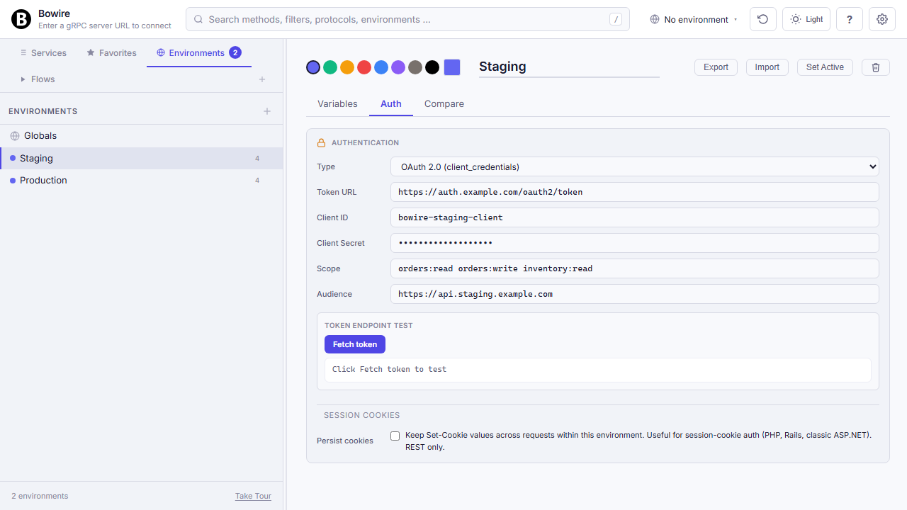 Auth tab in the env editor — OAuth 2.0 client_credentials with token URL, client ID, scope, audience, plus a Fetch-token test button