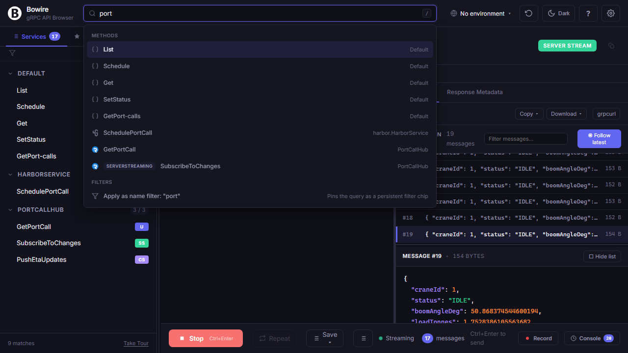 Command palette open with method suggestions, environment jumps, and protocol filters