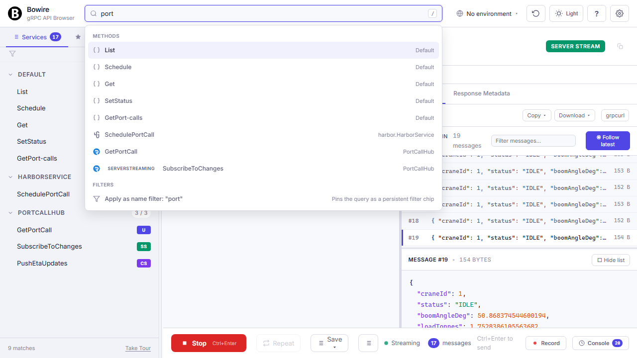 Command palette open with method suggestions, environment jumps, and protocol filters