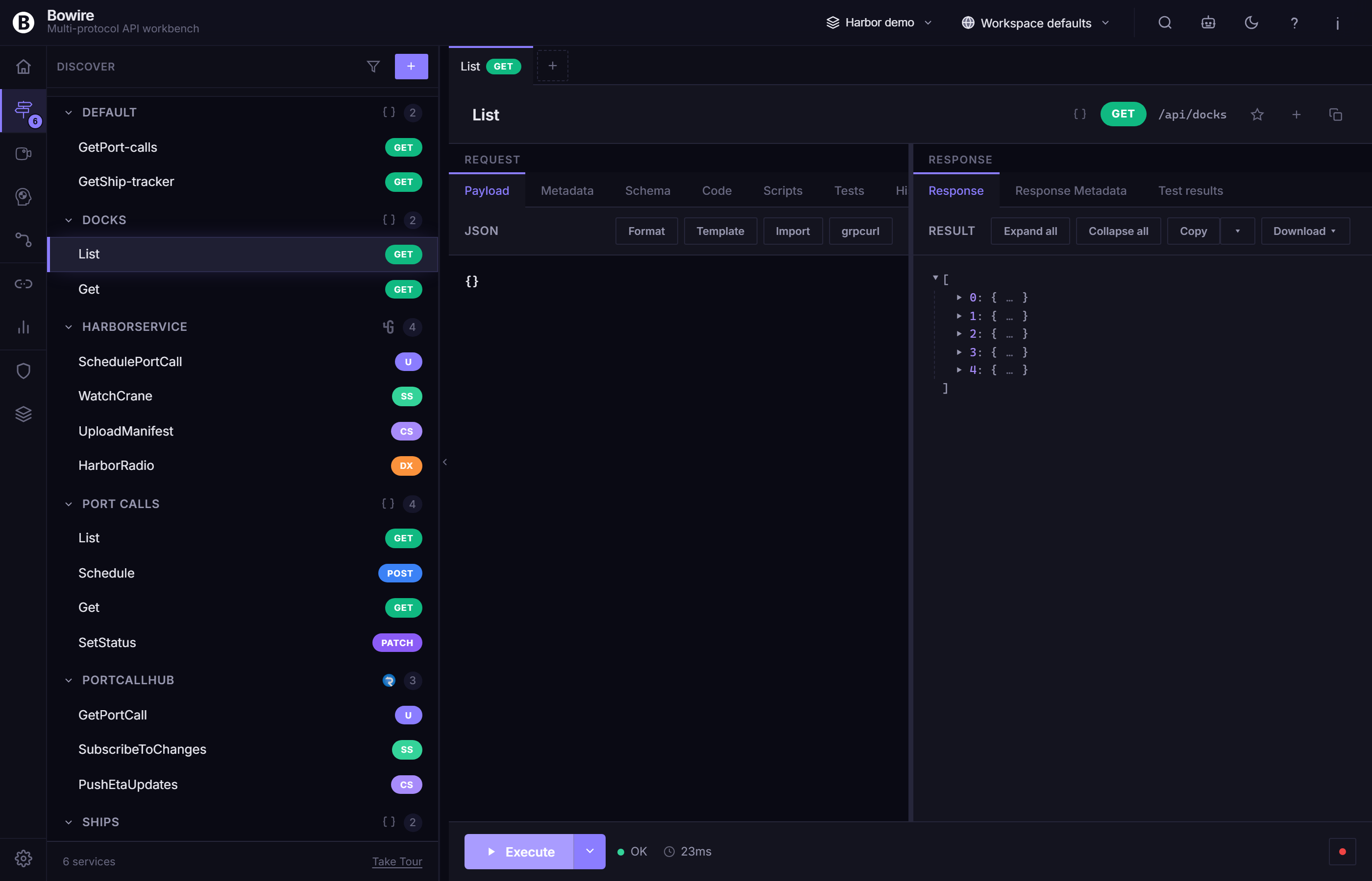 Discover rail with a List method executed — service tree, request pane, and response card all in one view