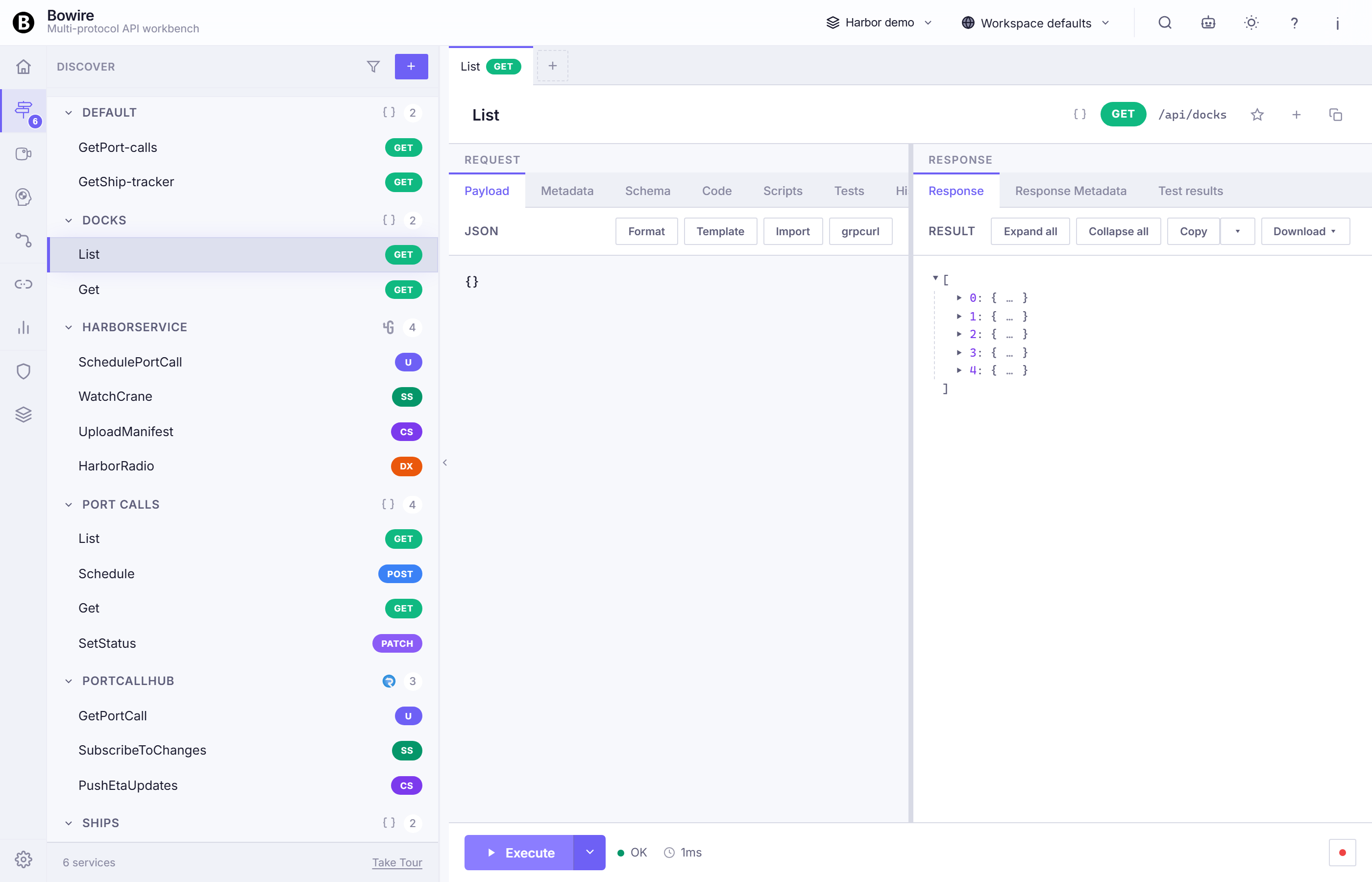 Discover rail with a List method executed — service tree, request pane, and response card all in one view