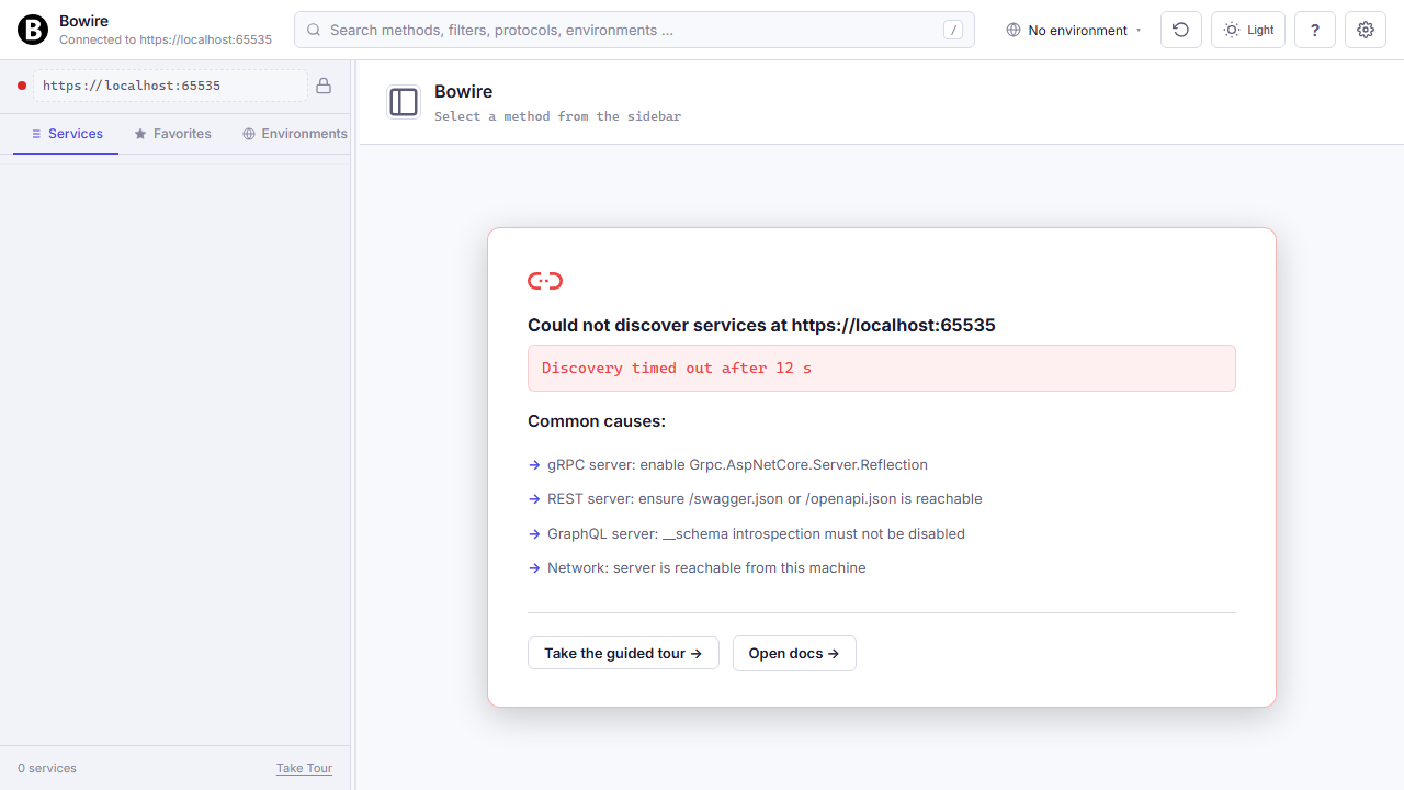 Discovery failed against an unreachable server — error message plus four troubleshoot bullets