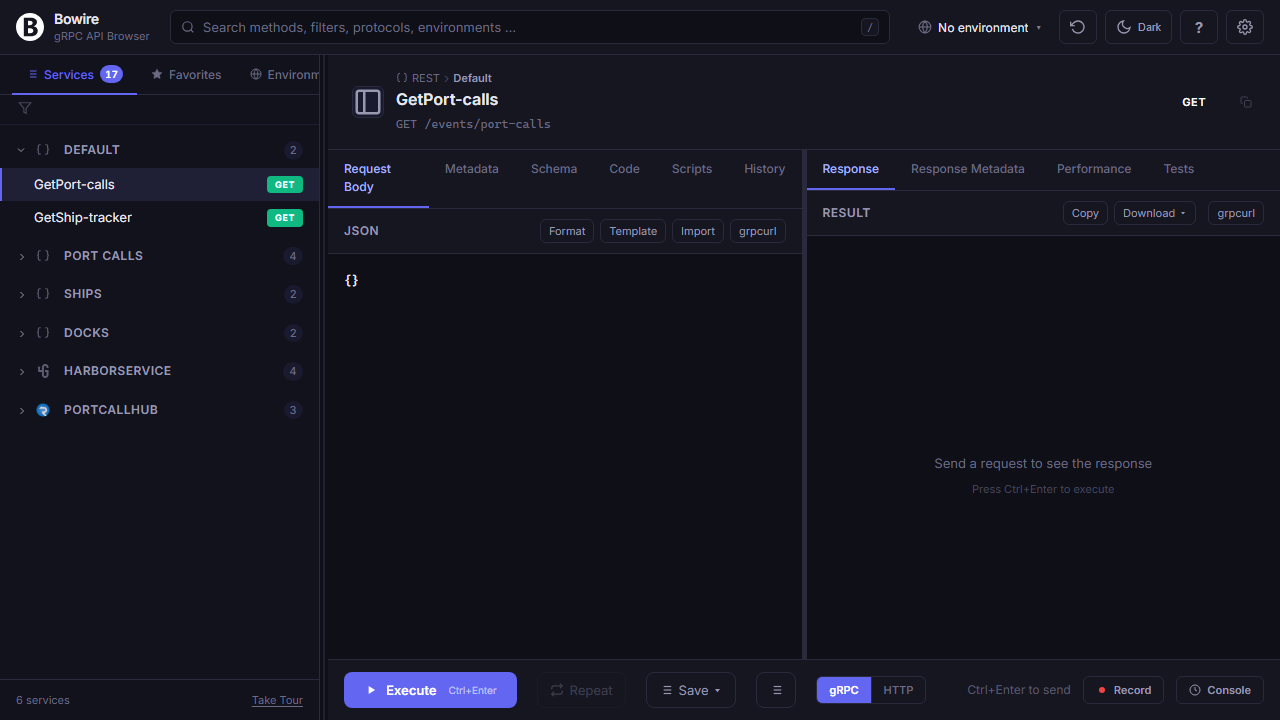 Sidebar with the auto-discovered service tree — 17 methods across REST, gRPC, GraphQL, and SignalR services, all listed in one panel