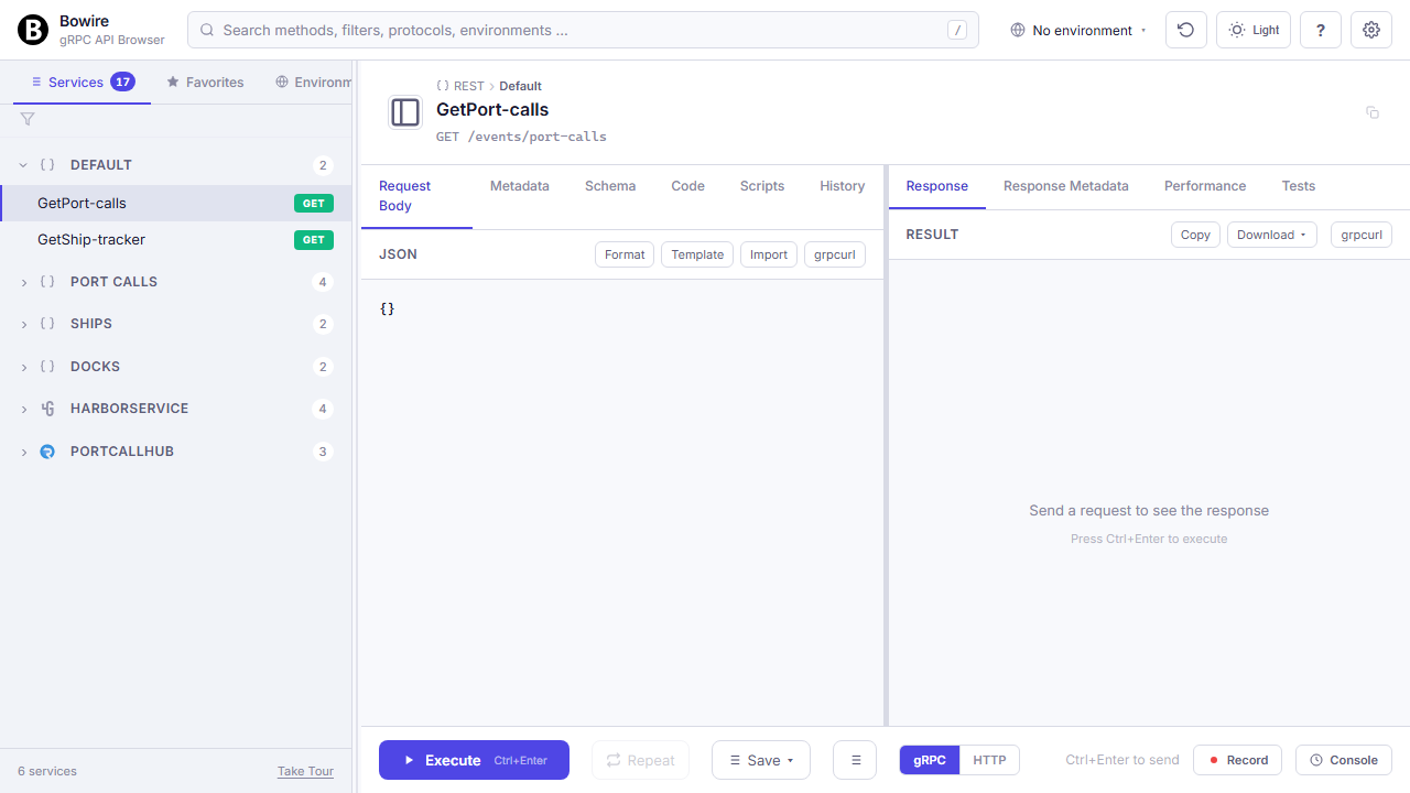 Sidebar with the auto-discovered service tree — 17 methods across REST, gRPC, GraphQL, and SignalR services, all listed in one panel