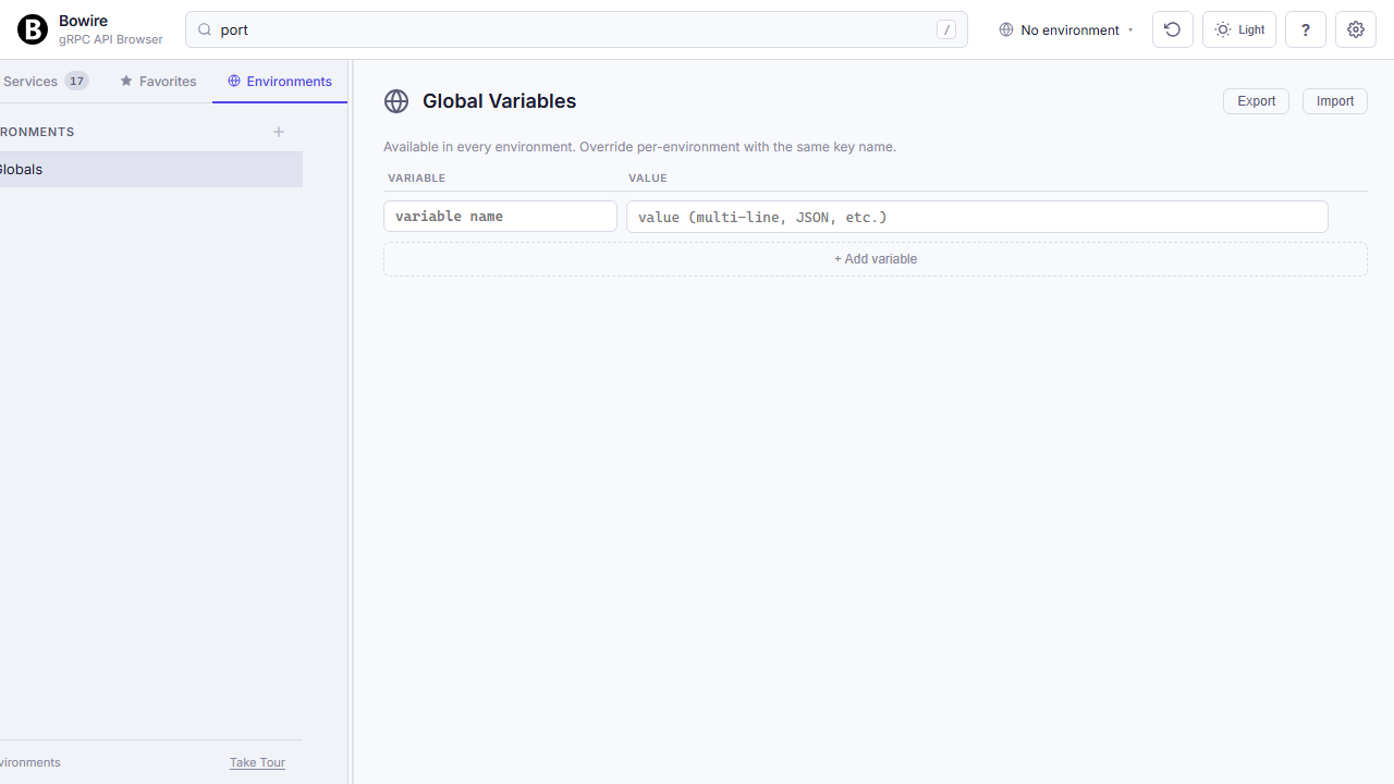 Environment diff view — two environments compared side by side with colour-coded rows