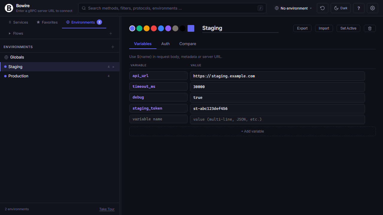 Environments editor — Variables tab showing a populated Staging environment alongside Globals and Production in the sidebar