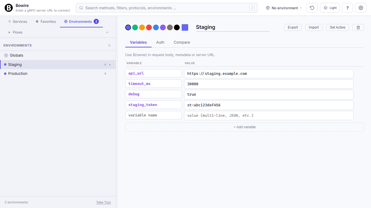 Environments editor — Variables tab showing a populated Staging environment alongside Globals and Production in the sidebar