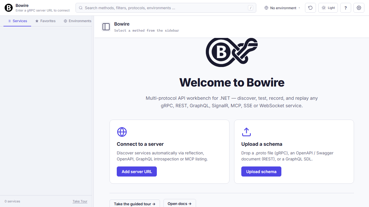 First-run welcome screen with two onboarding cards — connect to a server, or upload a schema file