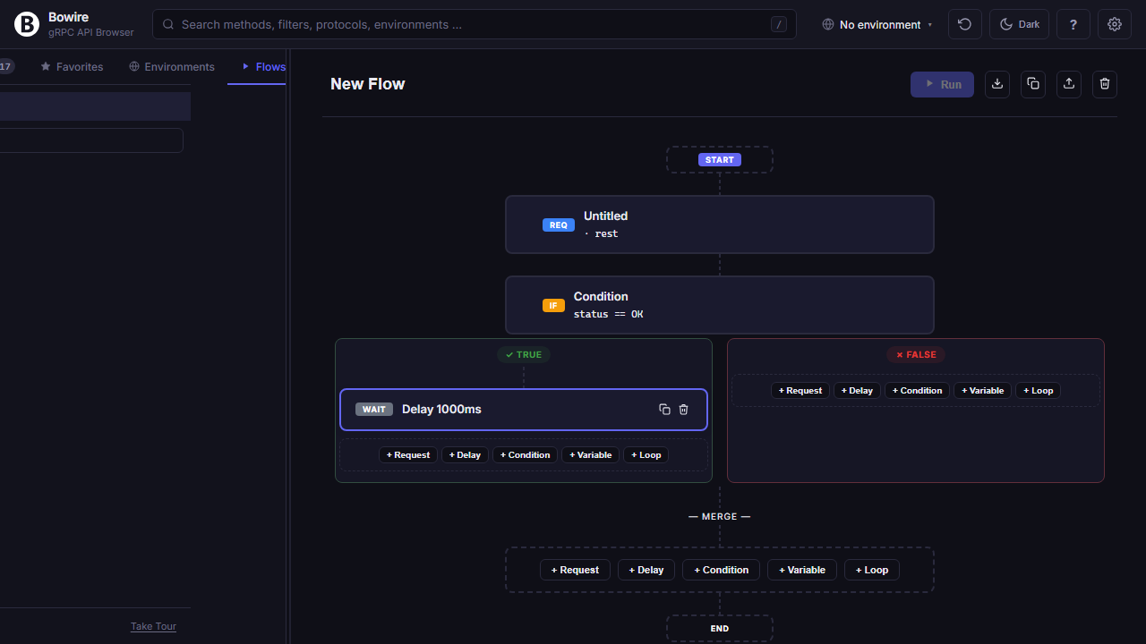Visual flow editor — pipeline of API calls with branching conditions and loops