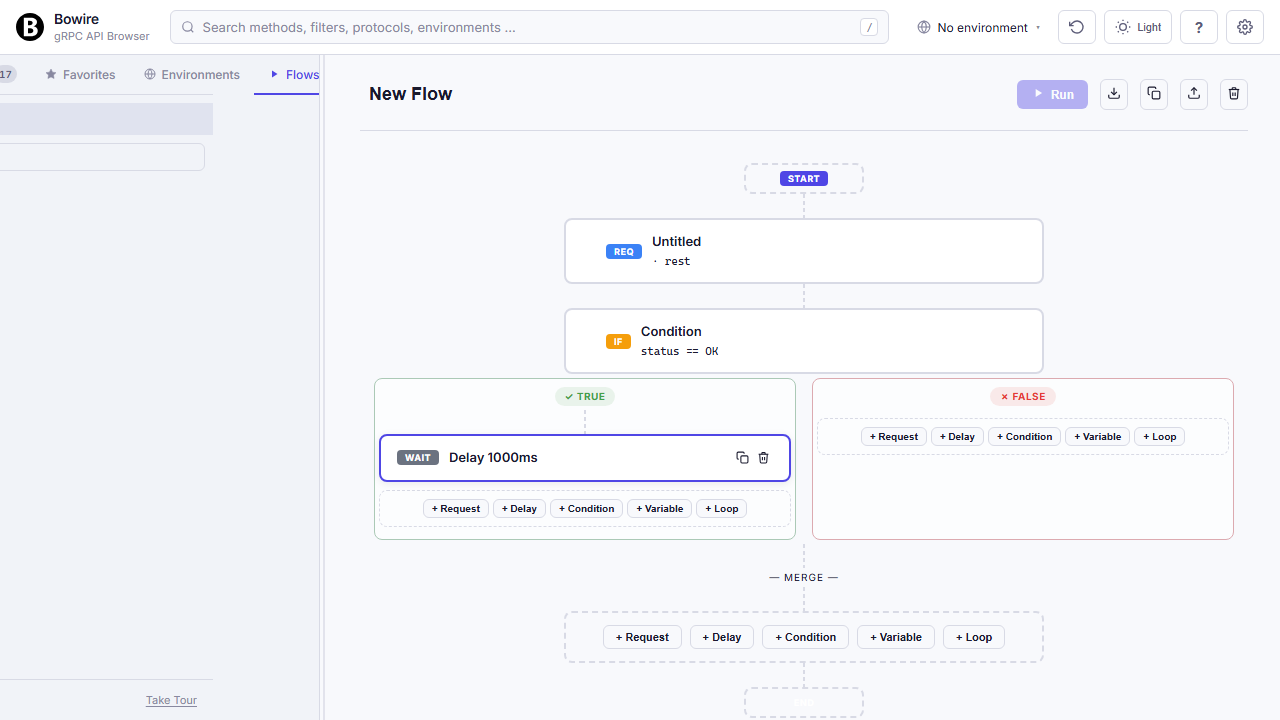 Visual flow editor — pipeline of API calls with branching conditions and loops