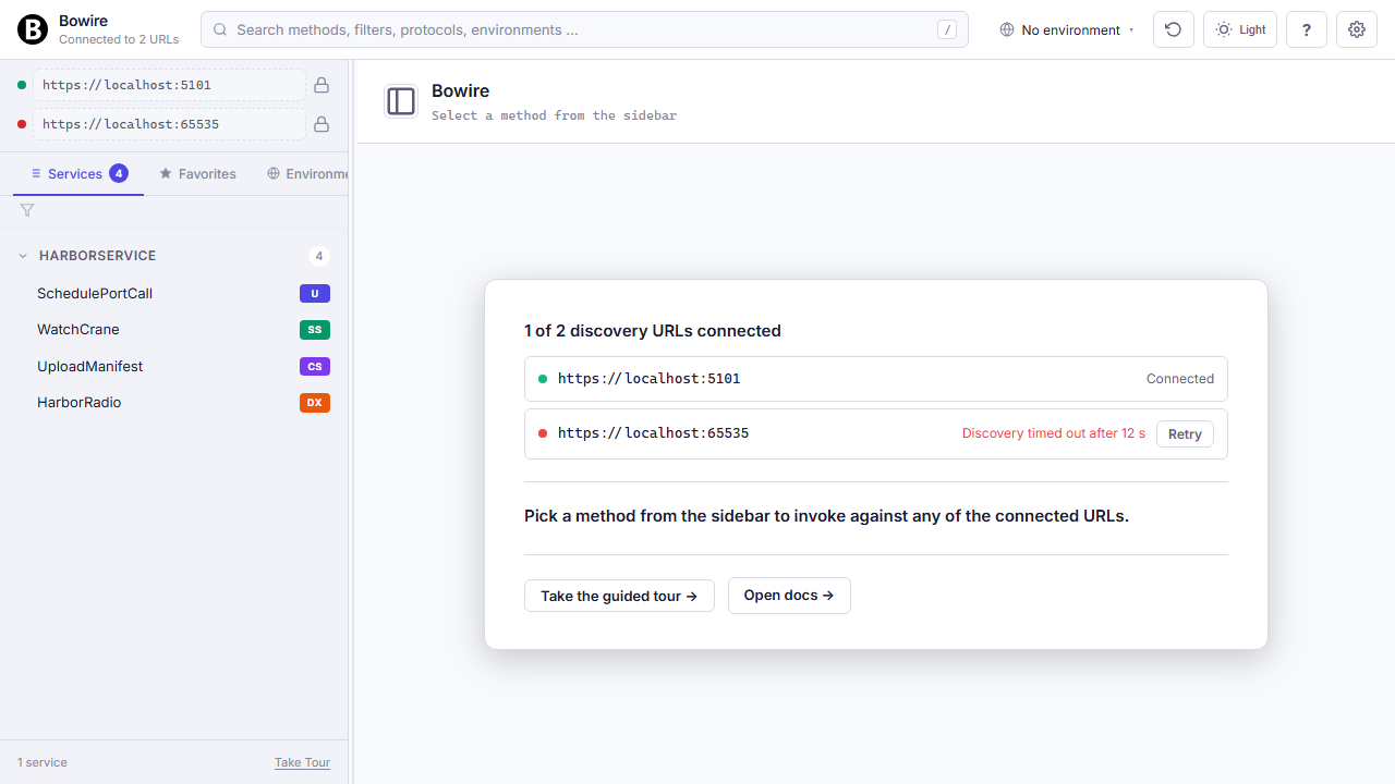 Multi-URL setup with one connected server and one failed — per-URL status table with retry buttons