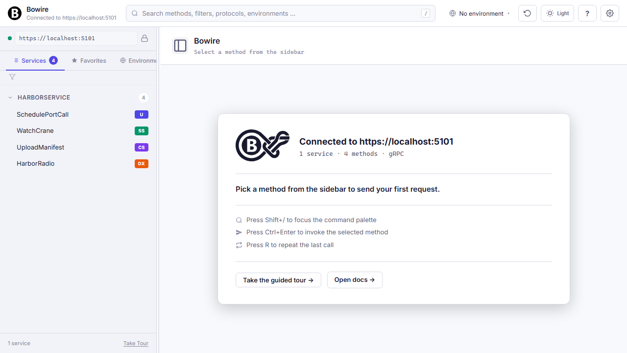 Bowire ready landing — connected to a server, services discovered, waiting for method selection