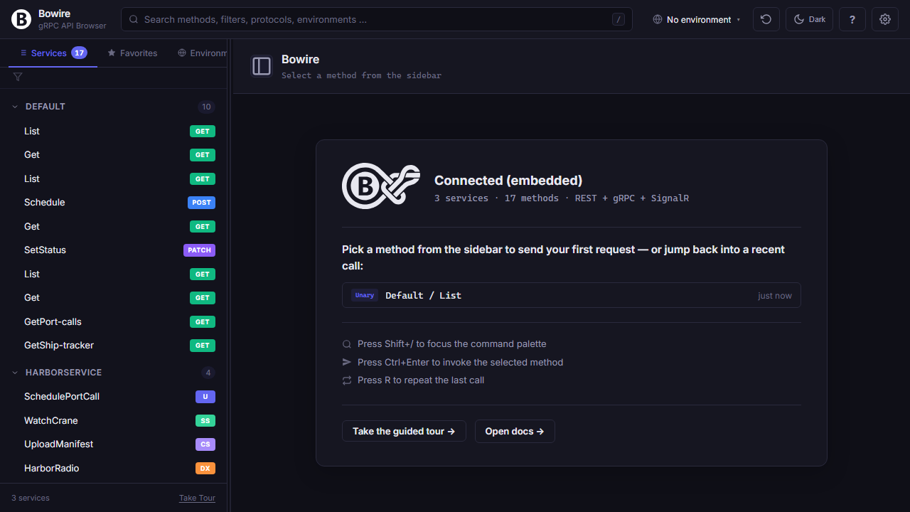 Schema upload — drop in a .proto, OpenAPI spec, or GraphQL SDL and browse the API offline