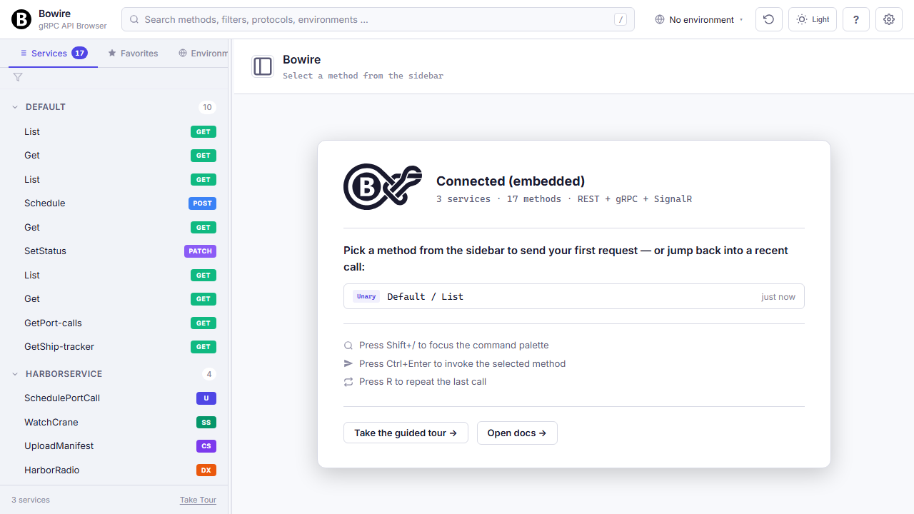 Schema upload — drop in a .proto, OpenAPI spec, or GraphQL SDL and browse the API offline