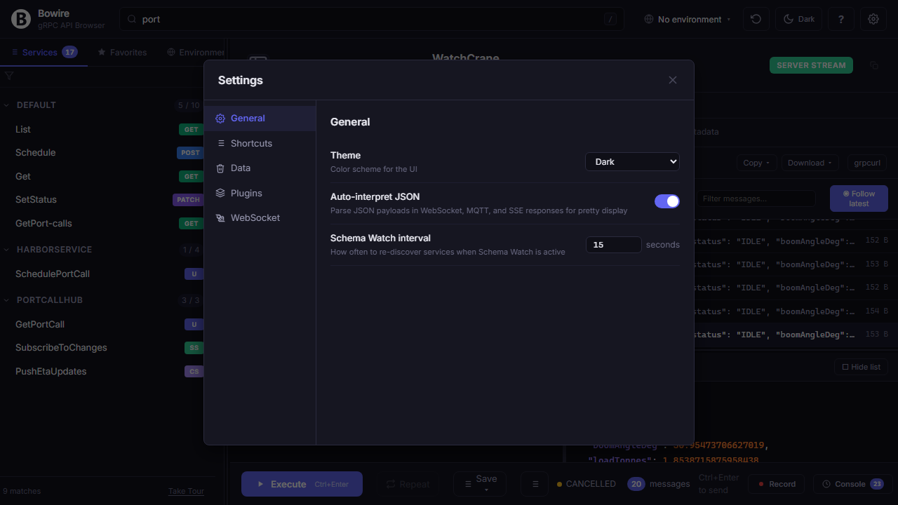 Settings dialog — general, shortcuts, data management, and per-plugin configuration