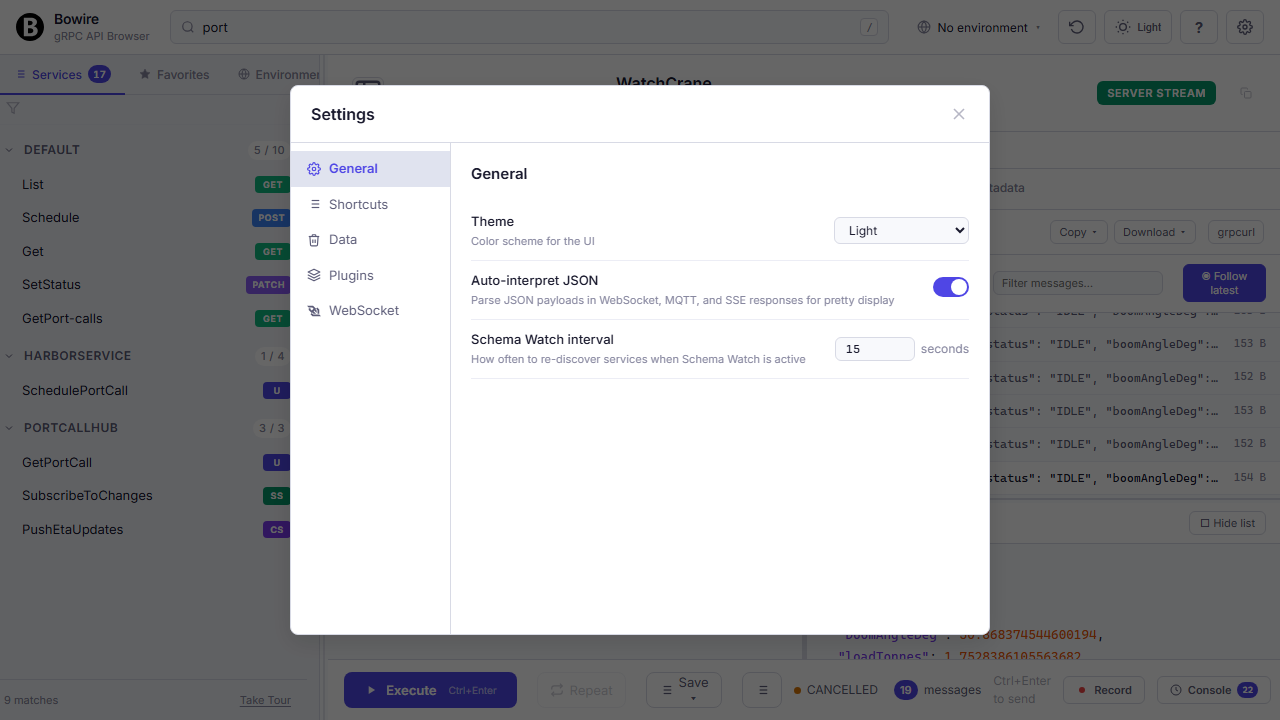 Settings dialog — general, shortcuts, data management, and per-plugin configuration