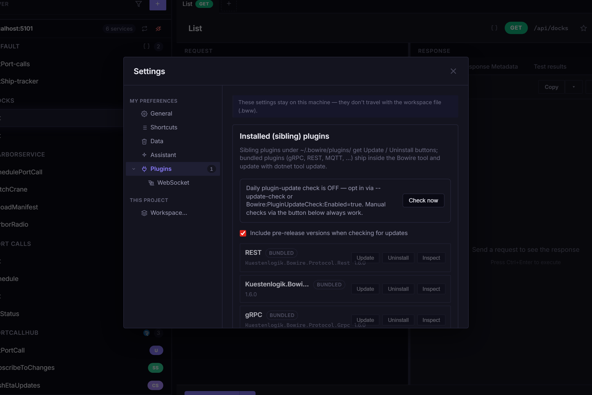 Settings → Plugins → Protocols listing the bundled protocol plugins with inspect / update / uninstall actions