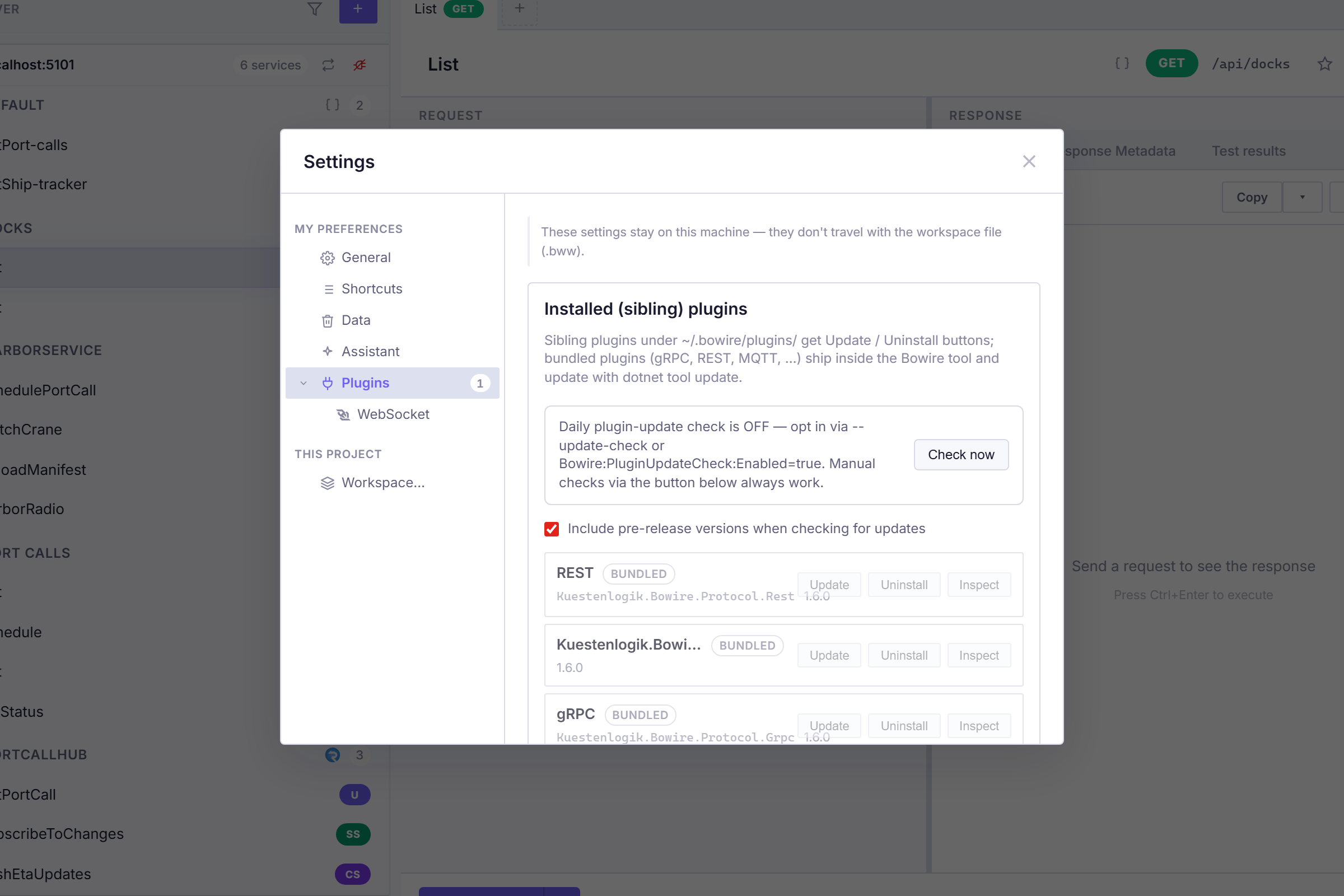 Settings → Plugins → Protocols listing the bundled protocol plugins with inspect / update / uninstall actions