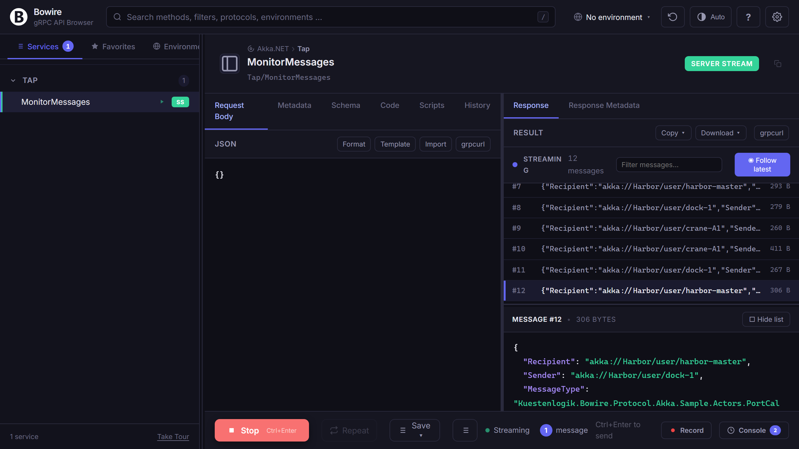 Akka.NET BowireTapMailbox streaming live Tell messages