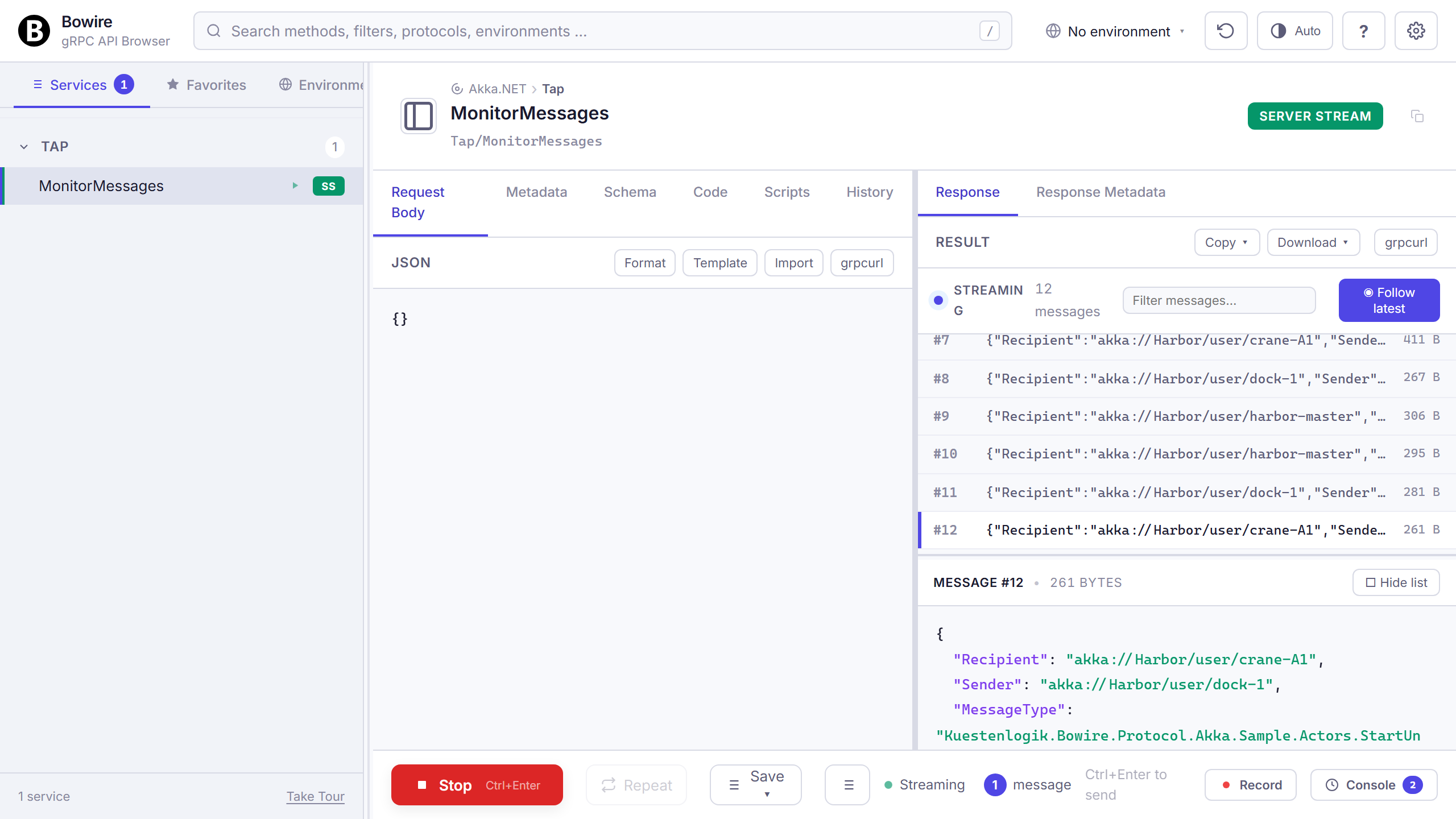 Akka.NET BowireTapMailbox streaming live Tell messages