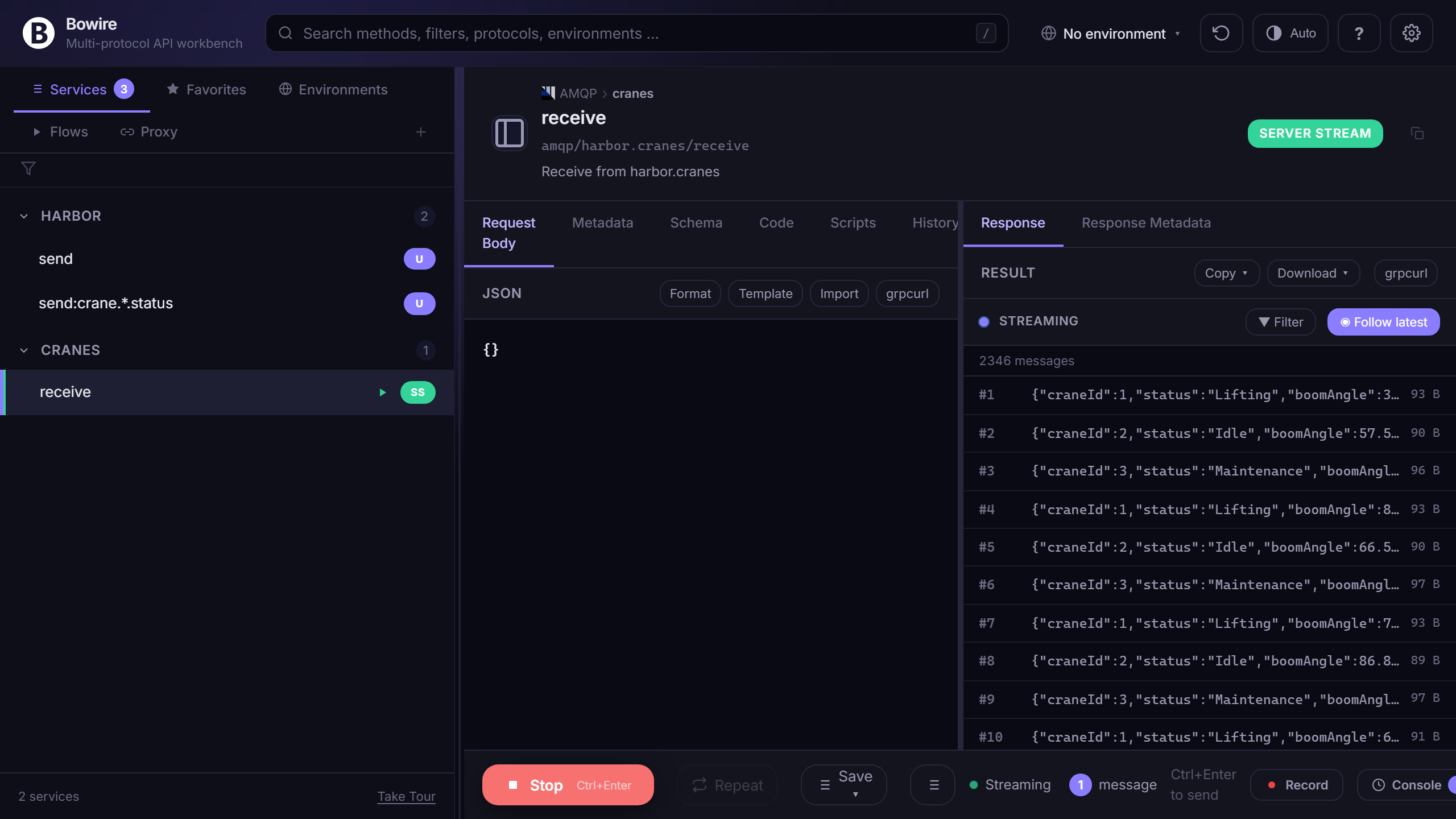 Bowire workbench connected via amqp://localhost:5672 — harbor exchange with send + send:crane.*.status methods, cranes queue with the receive server-stream method active. Streaming pane on the right shows crane-telemetry JSON frames arriving from the bound queue, ~2300 messages in.