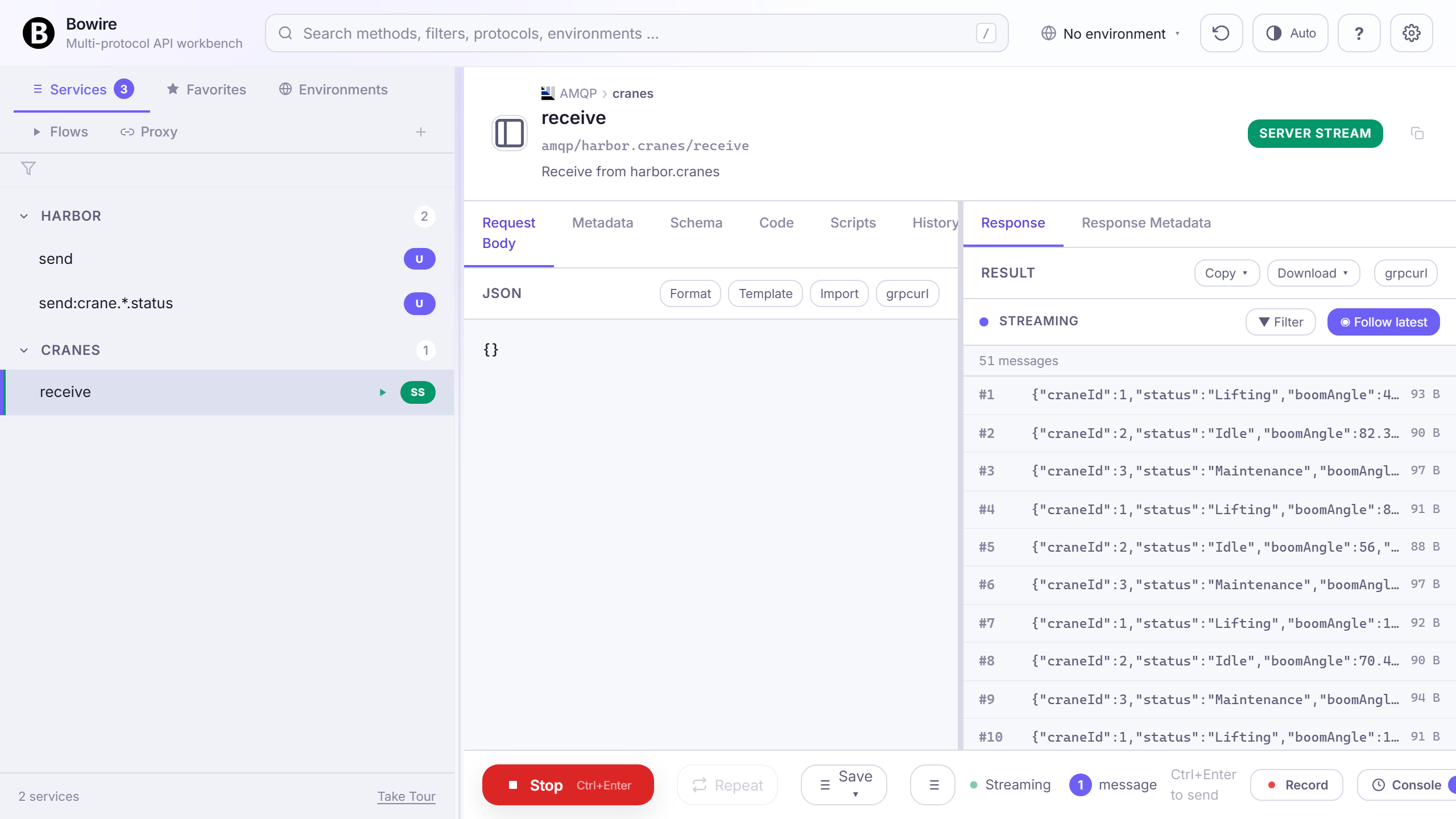 Bowire workbench connected via amqp://localhost:5672 — harbor exchange with send + send:crane.*.status methods, cranes queue with the receive server-stream method active. Streaming pane on the right shows crane-telemetry JSON frames arriving from the bound queue, ~2300 messages in.