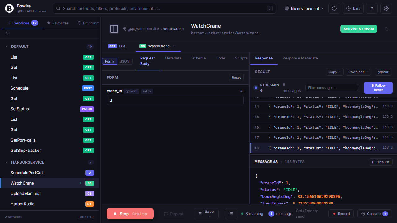 Streaming response view — append-only message list on the left, detail pane on the right