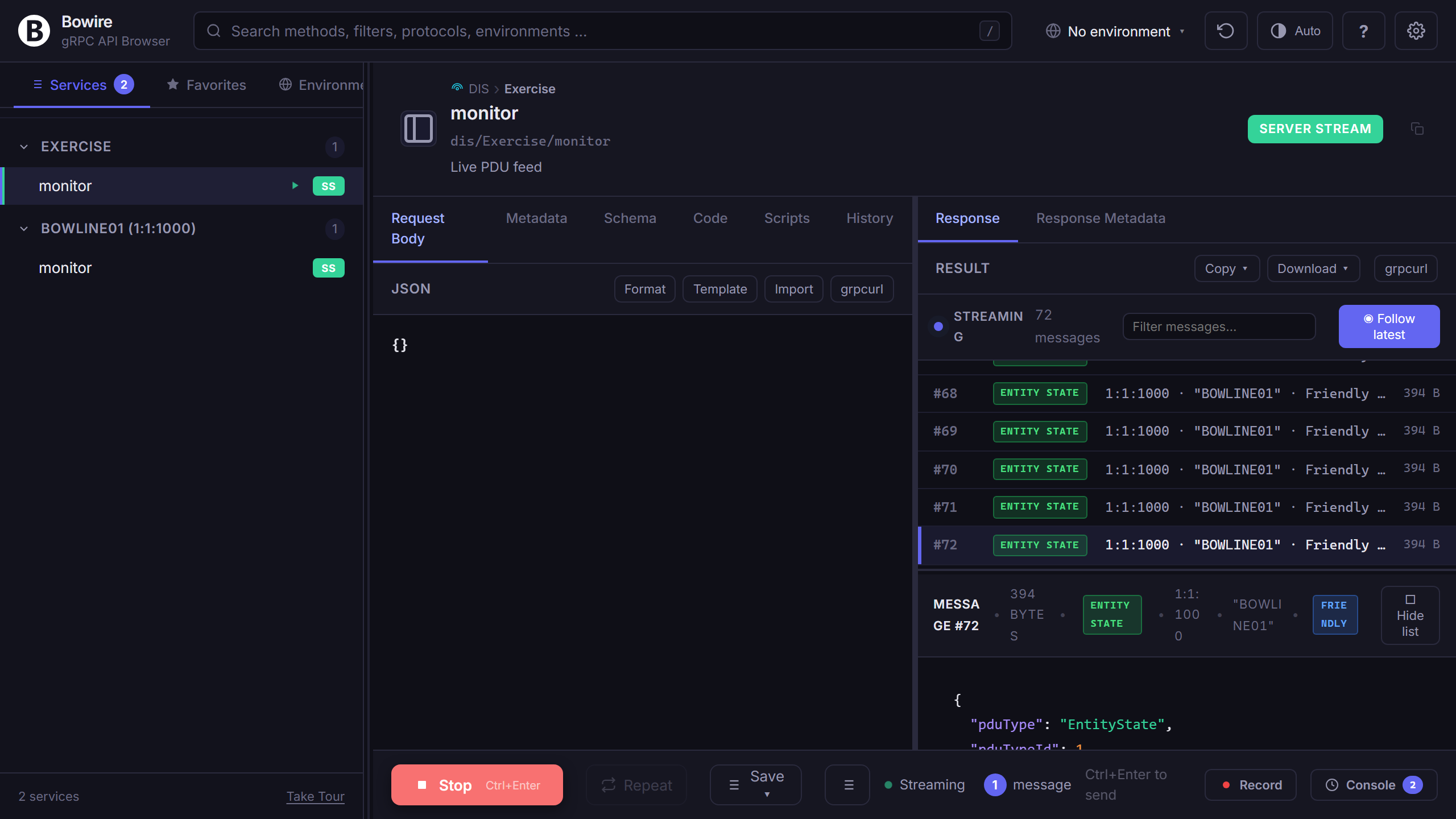 DIS PDU multicast stream with typed entity-state rendering