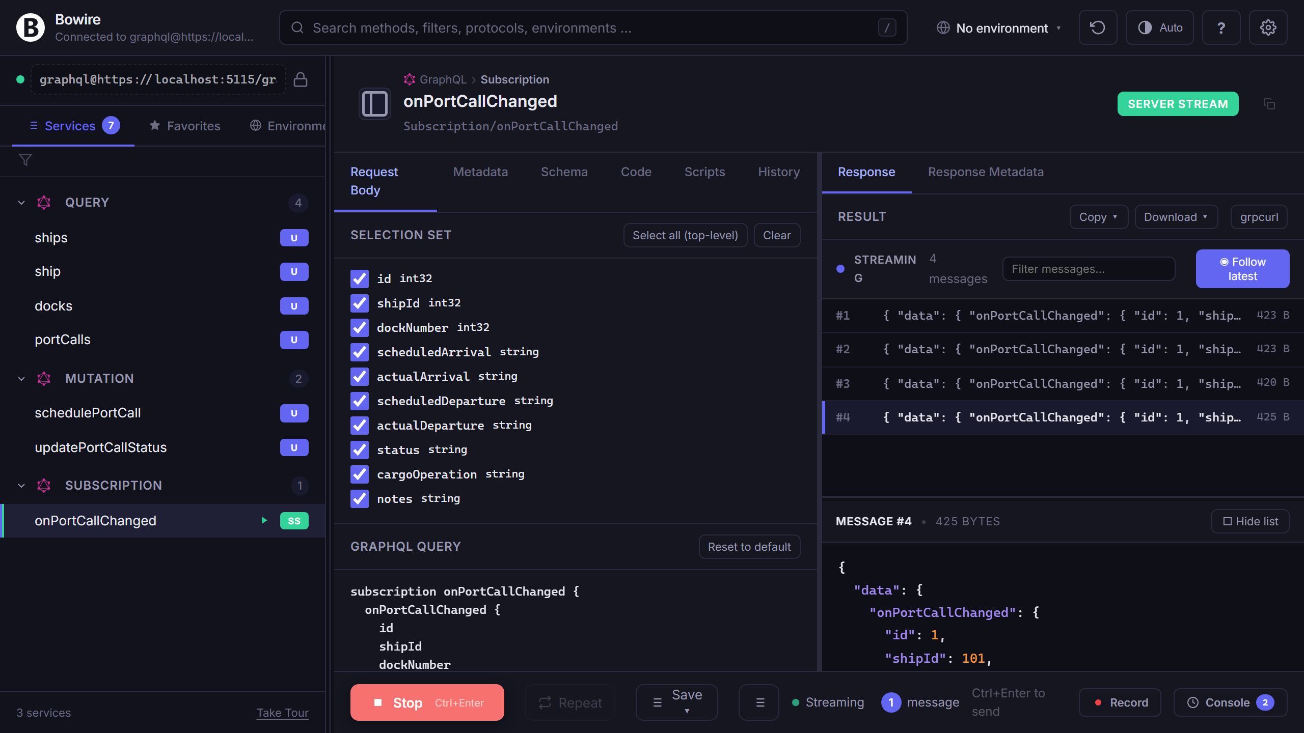 GraphQL subscription streaming into Bowire's frame pane