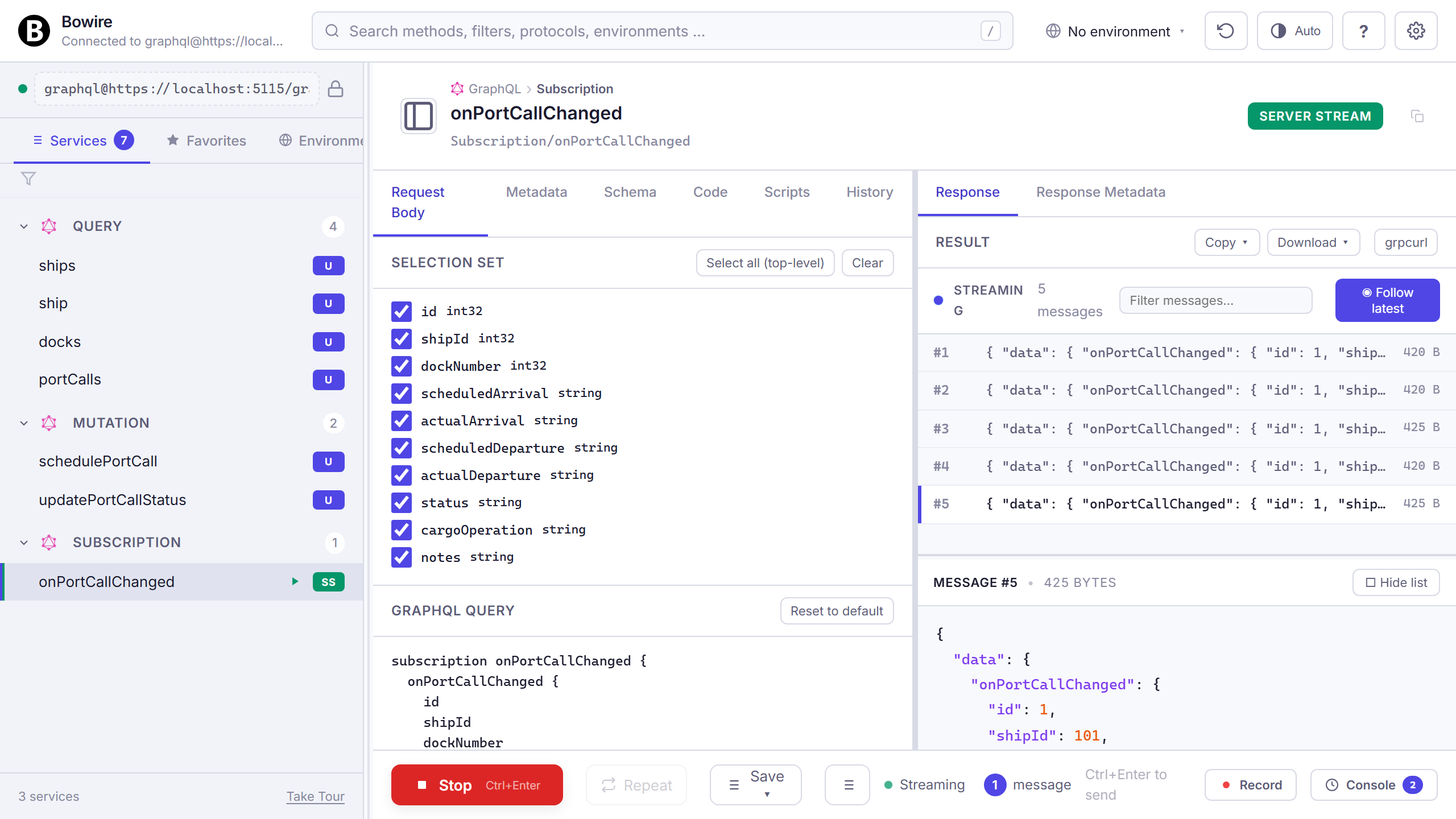 GraphQL subscription streaming into Bowire's frame pane