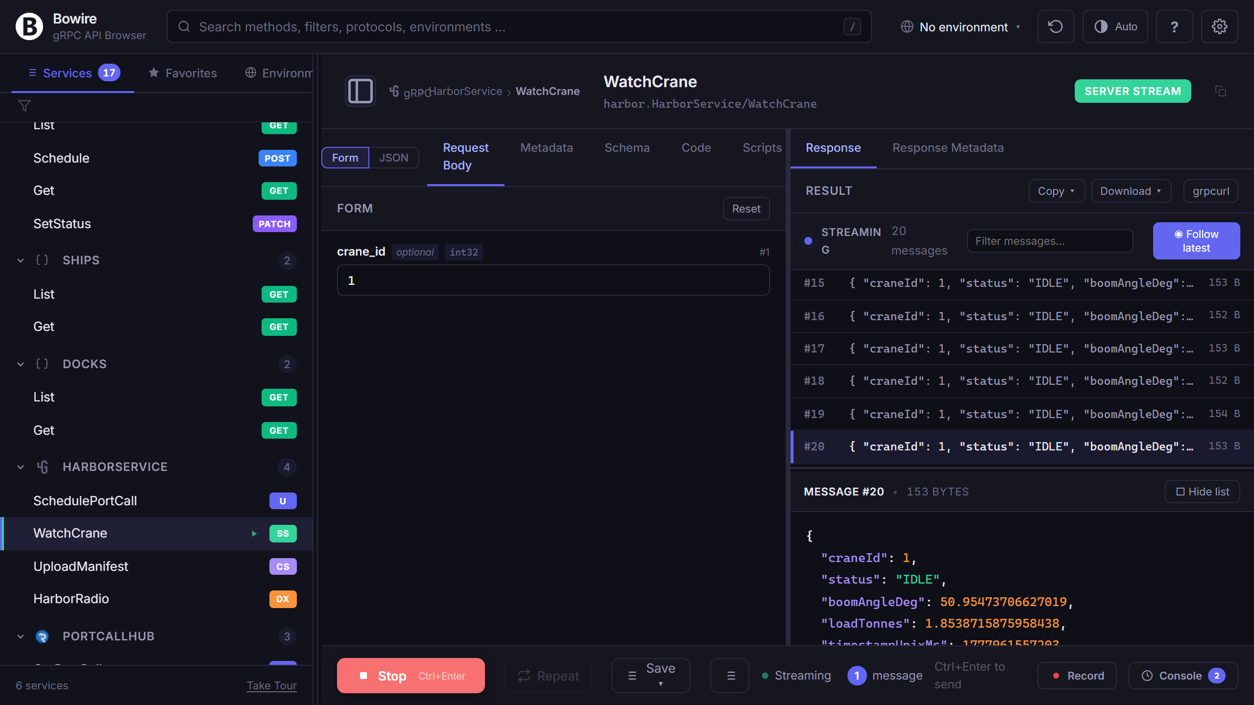 gRPC server-streaming response in Bowire's Wireshark-style frame pane