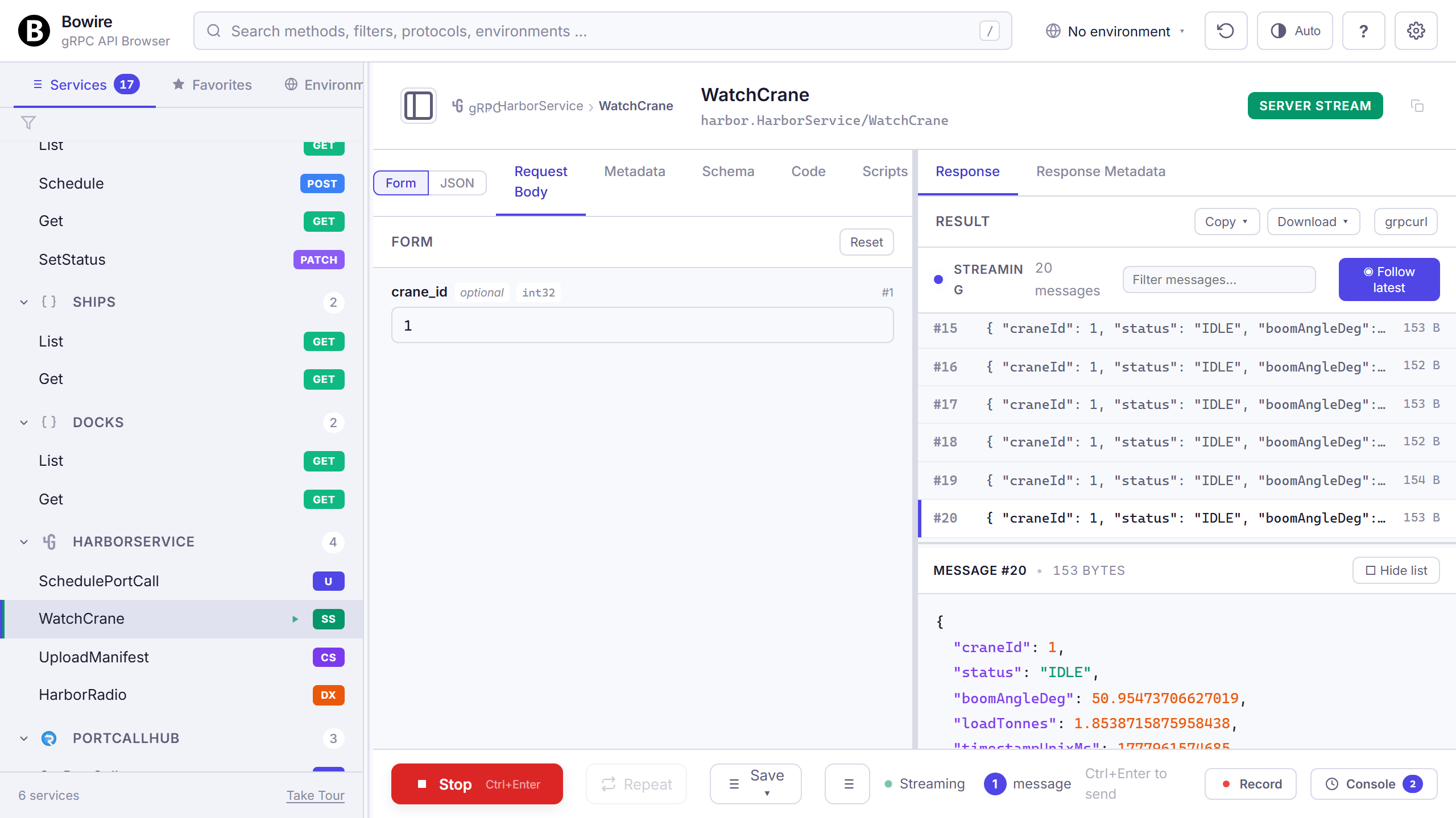 gRPC server-streaming response in Bowire's Wireshark-style frame pane