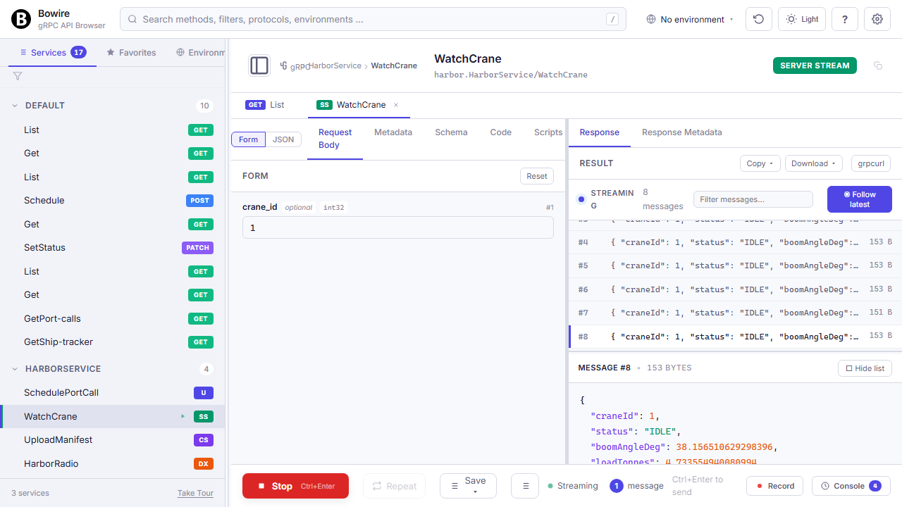Streaming response view — append-only message list on the left, detail pane on the right