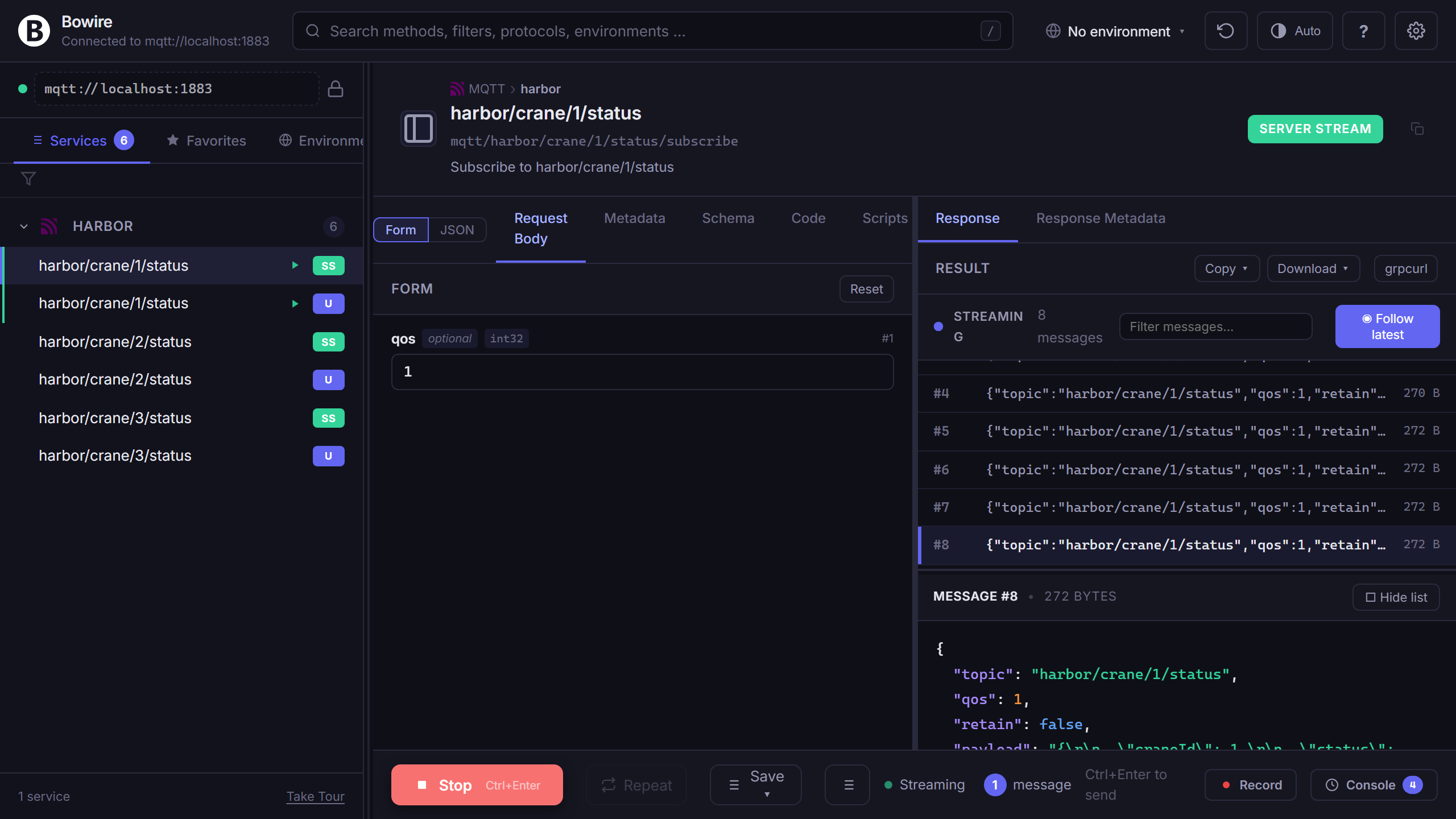 MQTT subscribe stream with retained message inspection