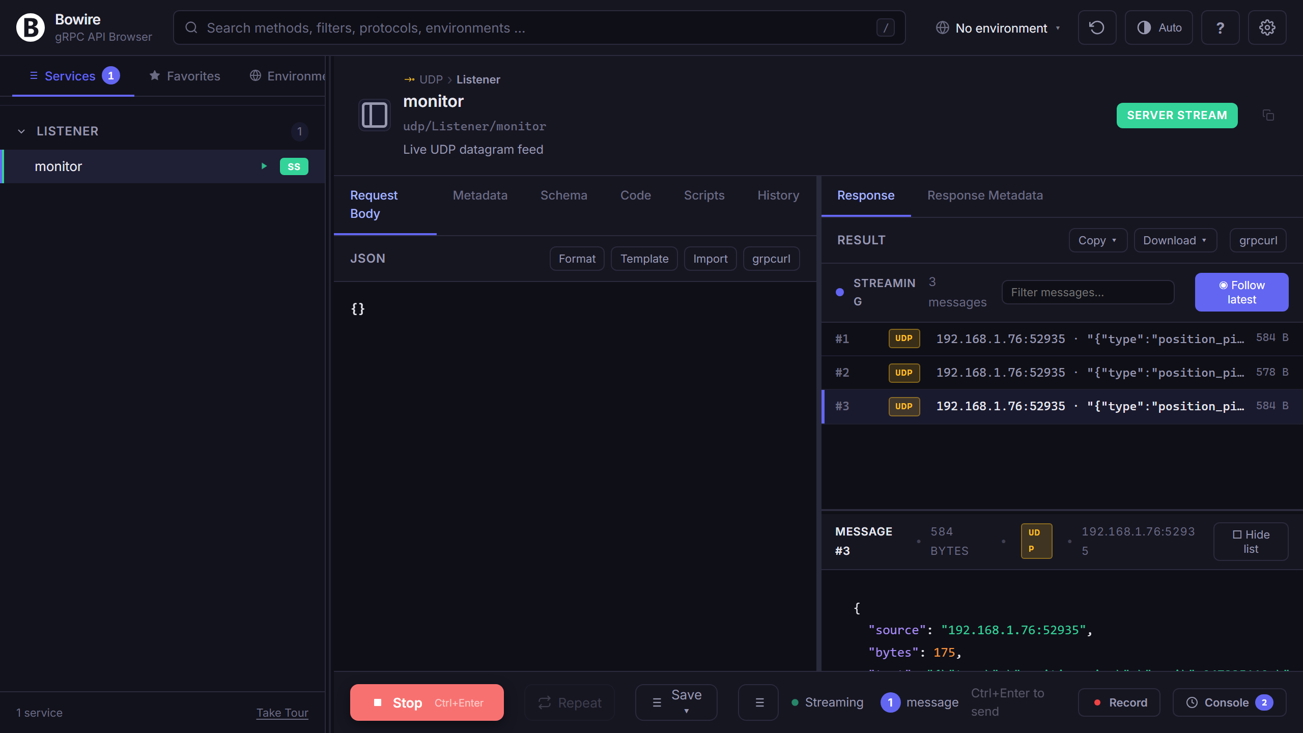 UDP datagram listener with hex / UTF-8 rendering