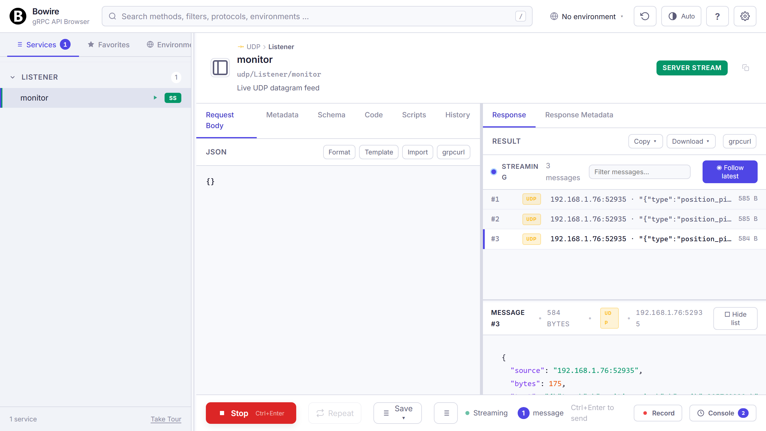UDP datagram listener with hex / UTF-8 rendering