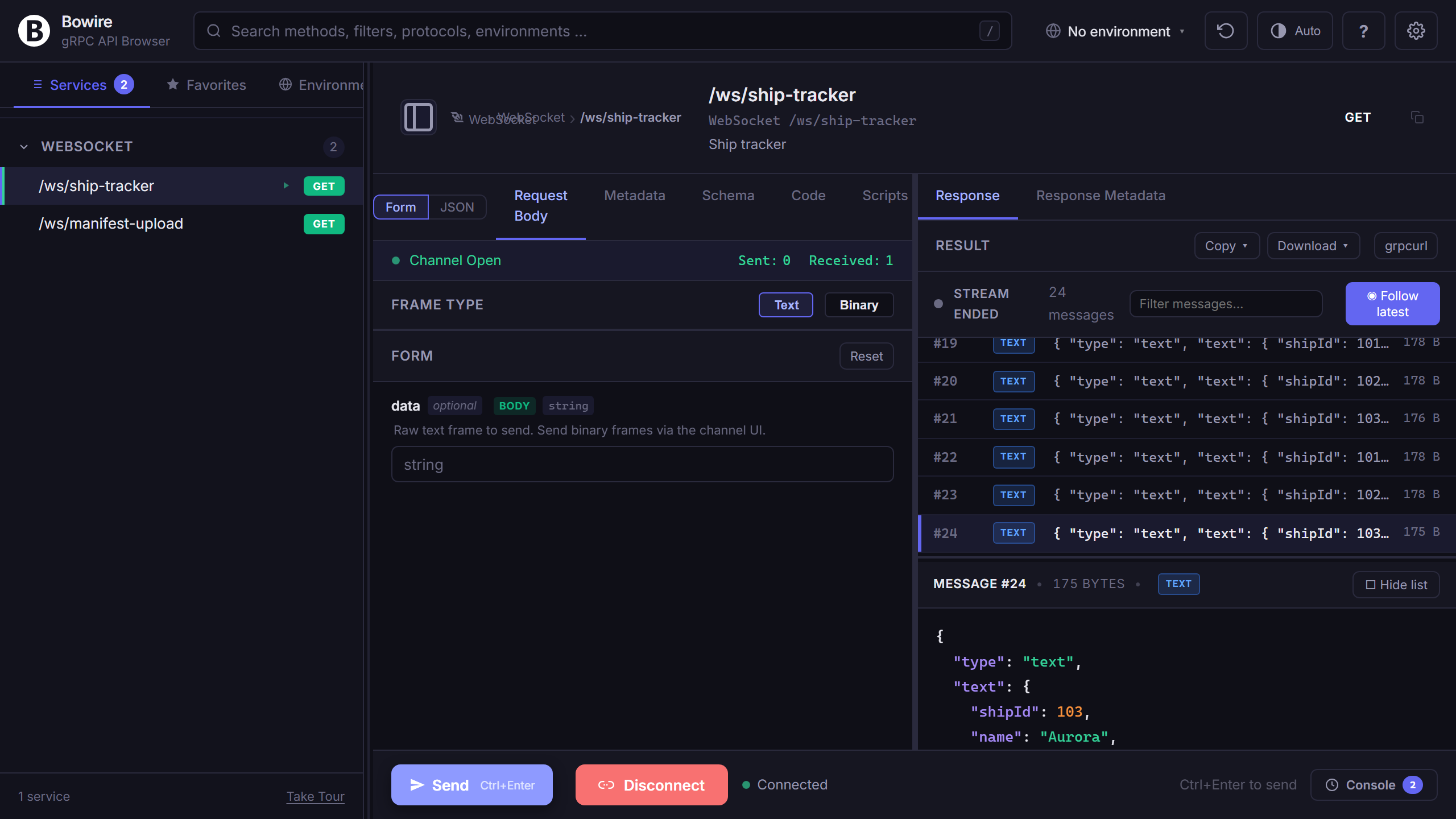WebSocket duplex channel in Bowire's frame pane