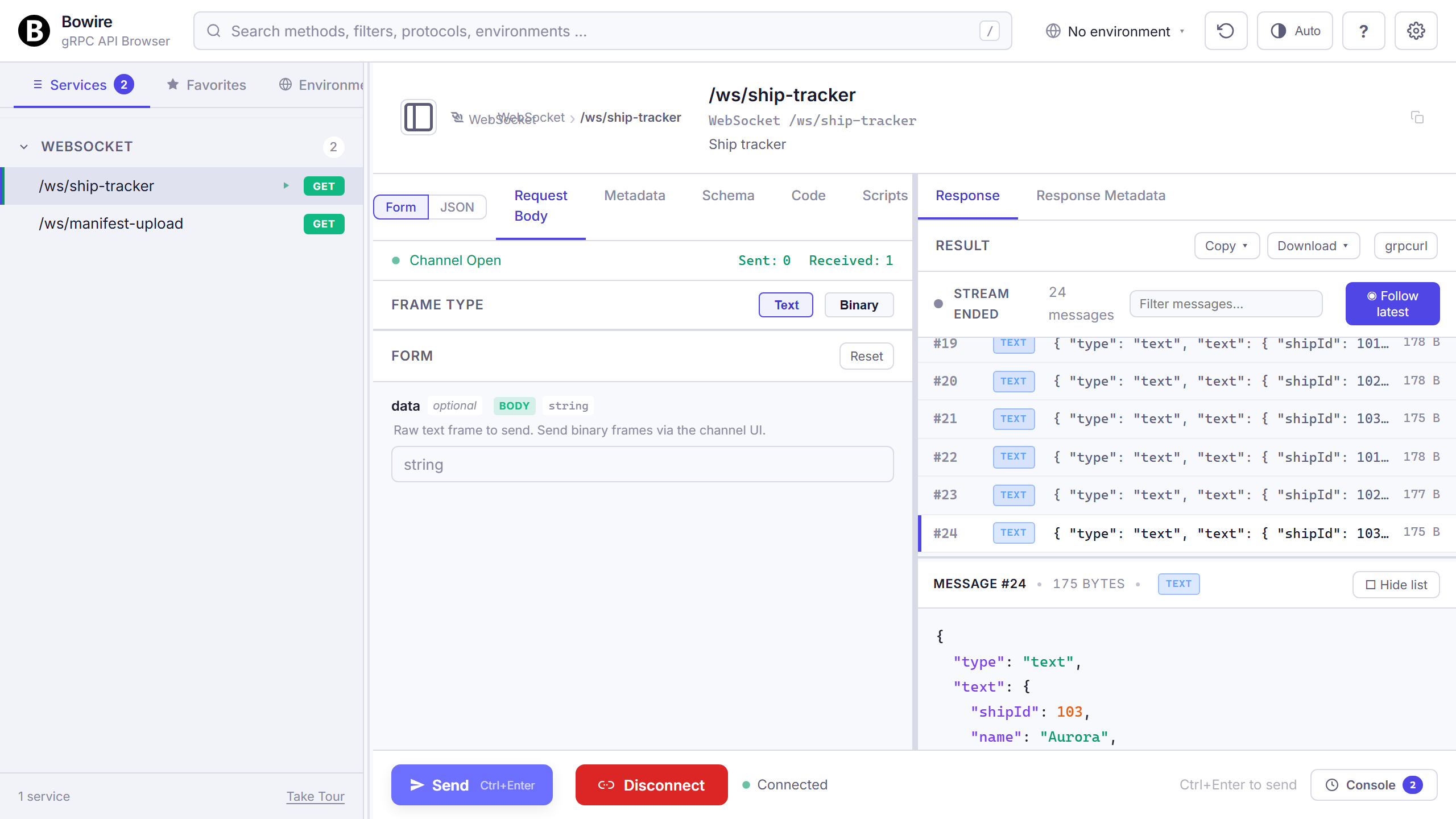WebSocket duplex channel in Bowire's frame pane
