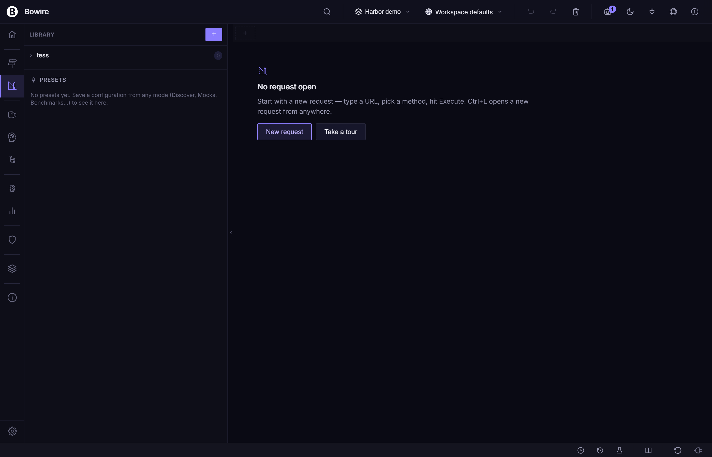 Compose rail — Library sidebar on the left, REST request being composed