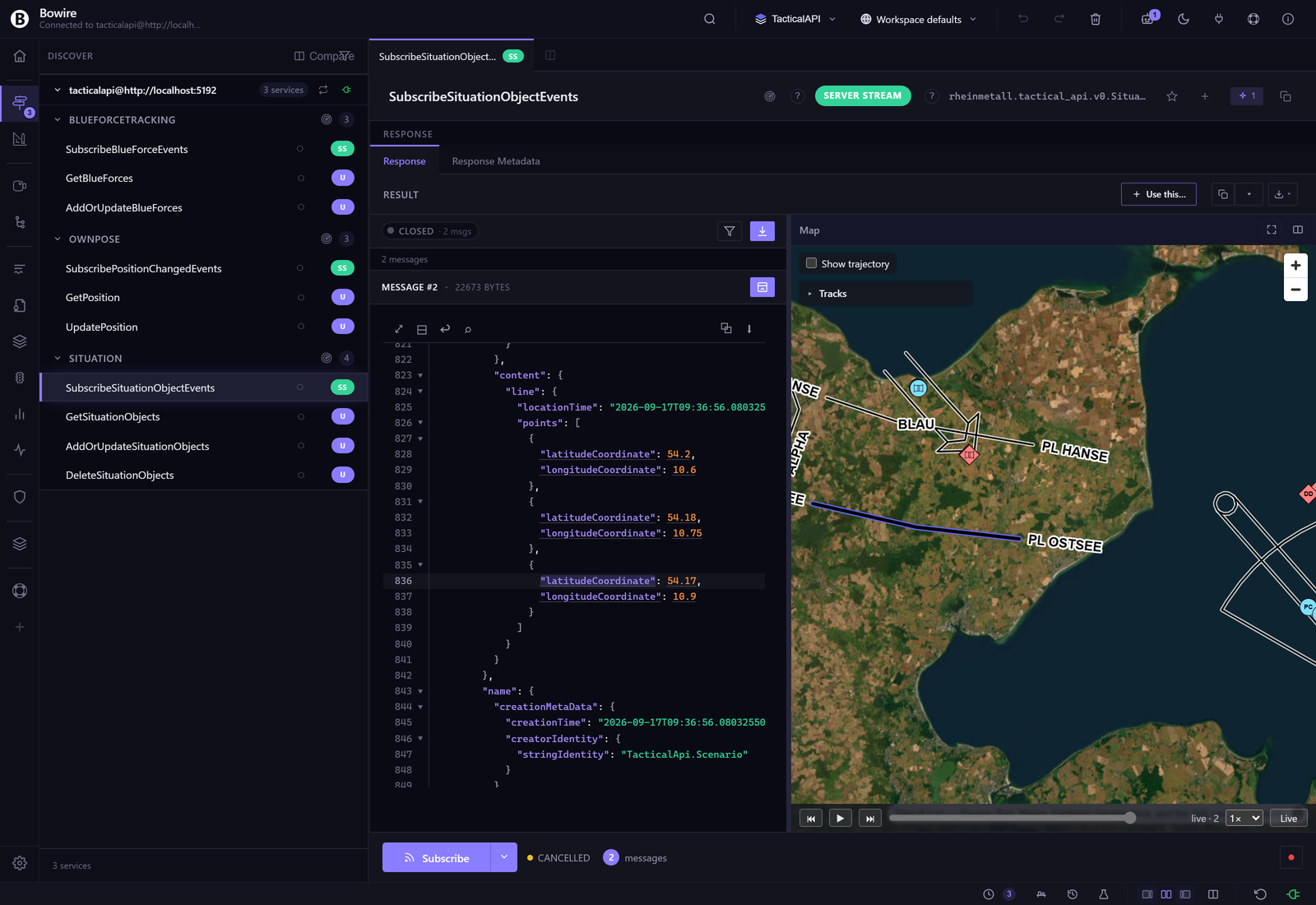 The workbench with the stream stopped: the JSON viewer on the left scrolled to a vertex of phase line OSTSEE, its latitude row hovered; the map on the right with the same line drawn heavier under the theme accent, the other graphics untouched