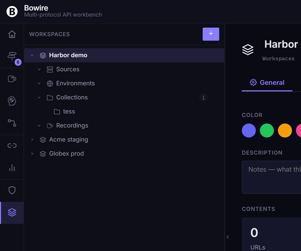 Workspaces rail — Harbor demo expanded with Sources / Environments / Collections / Recordings sub-tree + Acme staging + Globex prod siblings; detail pane shows color picker