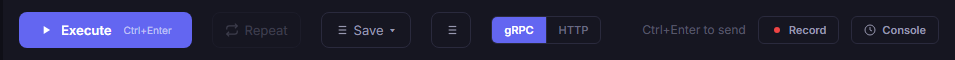 Bowire action bar — Execute, Repeat, Save, transport switch (gRPC / HTTP), Record, and Console buttons