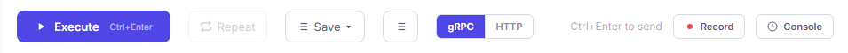 Bowire action bar — Execute, Repeat, Save, transport switch (gRPC / HTTP), Record, and Console buttons