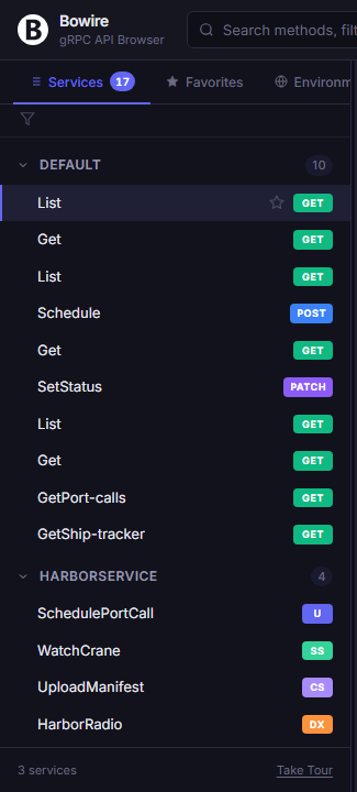 Bowire sidebar — service list grouped by protocol with badges, favourites star, and search input
