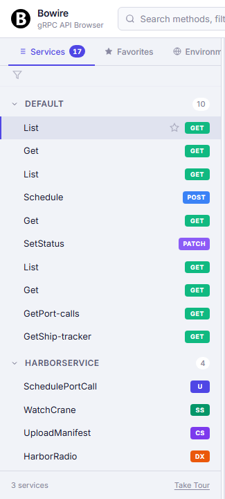 Bowire sidebar — service list grouped by protocol with badges, favourites star, and search input